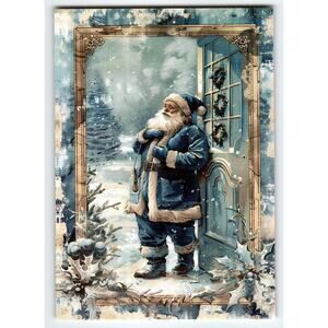 Vintage Blue Suit Coat Santa Claus Christmas Lithograph Postcard 5.5x4"